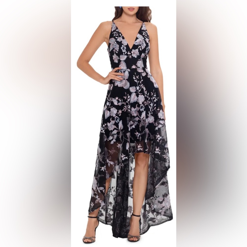 Xscape floral embroidered black lace high low dress
